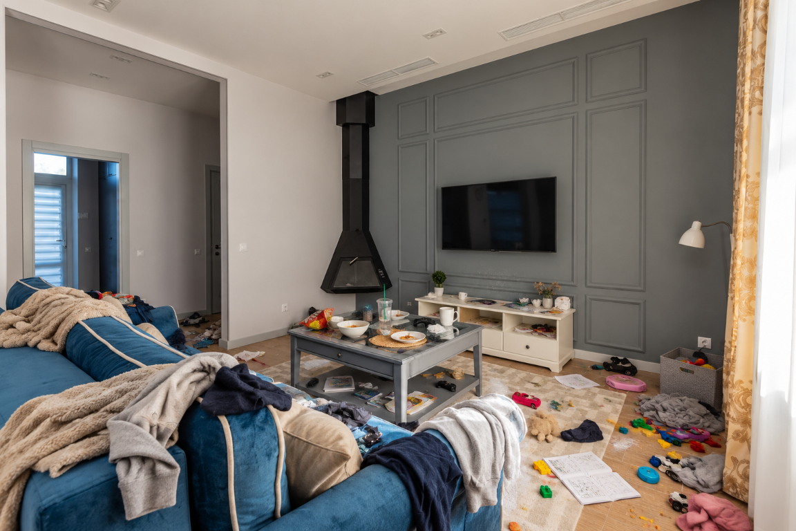 A lived-in blue-sofa living room before cleaning