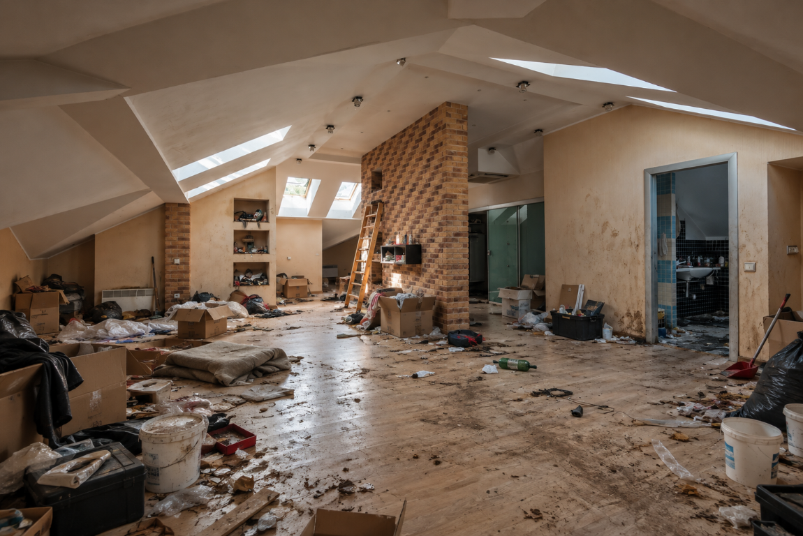 A cluttered attic room with boxes and debris before move-out cleaning