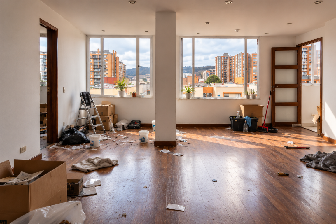 A room with moving boxes and debris before move-out cleaning